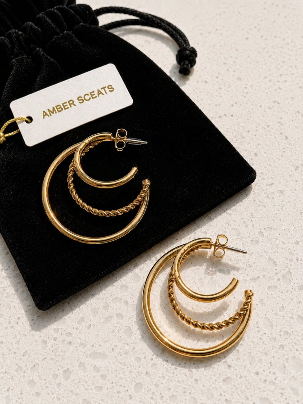 AMBER SCEATS 24K Gold Plated Triple Layered Hoop Earrings + Velvet Pouch